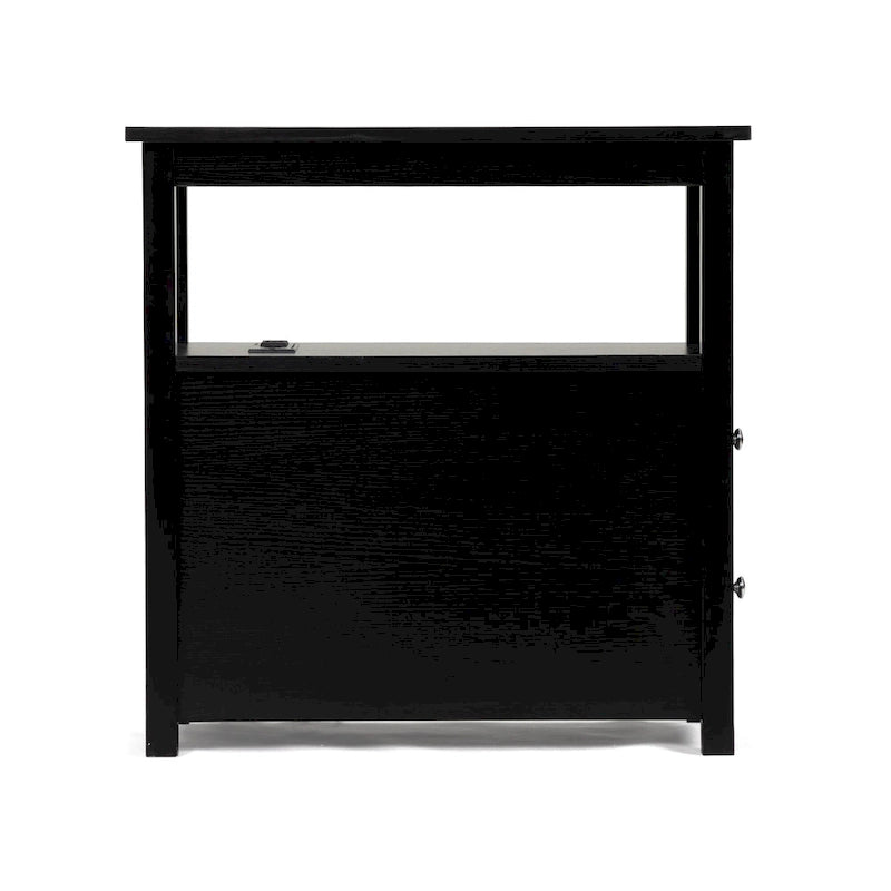 Tavolino da salotto con stazione di ricarica, tavolino laterale stretto per divano, comodino in legno, mobili per soggiorno e camera da letto, nero