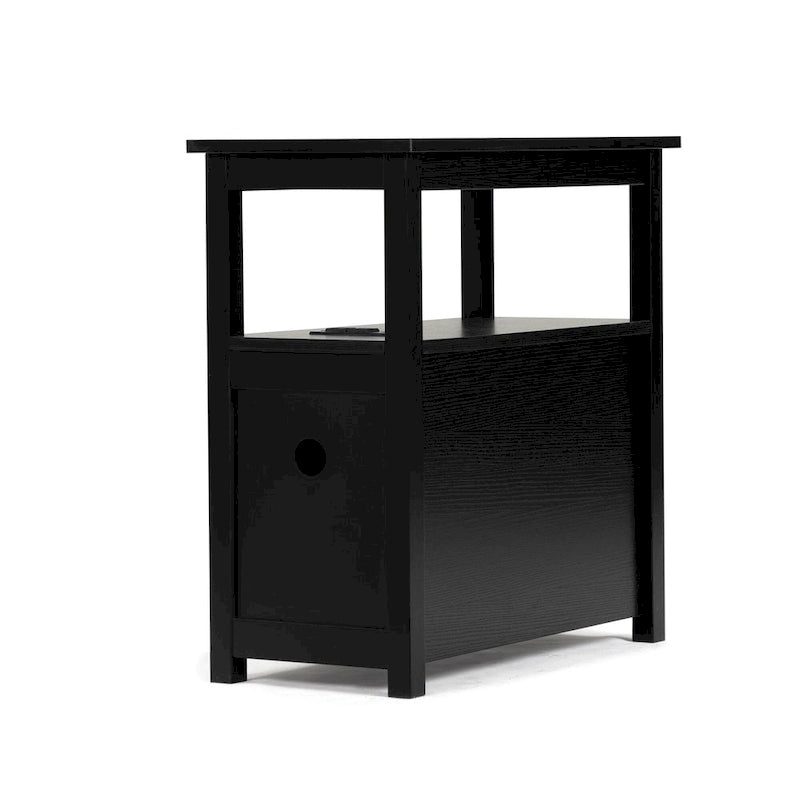 Tavolino da salotto con stazione di ricarica, tavolino laterale stretto per divano, comodino in legno, mobili per soggiorno e camera da letto, nero