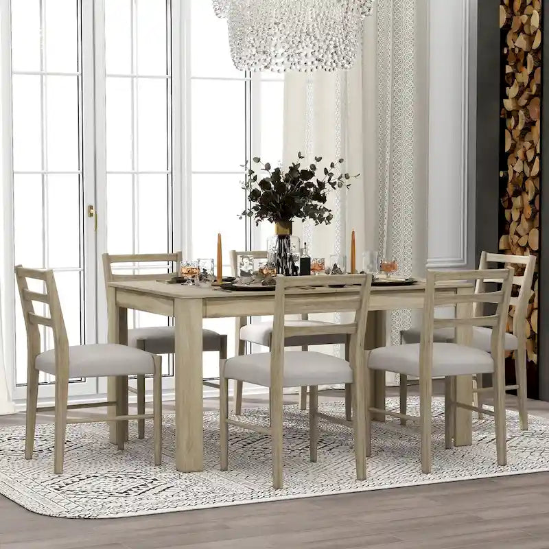 Set di mobili in legno da 7 pezzi, set da cucina con tavolo allungabile con prolunga e 2 cassetti, 6 sedie da pranzo imbottite