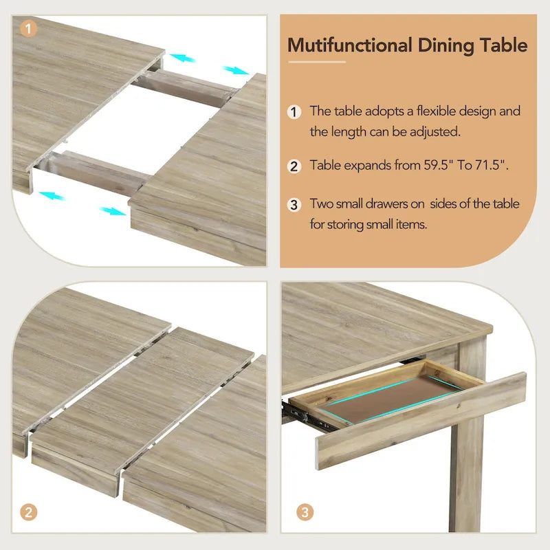 Set di mobili in legno da 7 pezzi, set da cucina con tavolo allungabile con prolunga e 2 cassetti, 6 sedie da pranzo imbottite