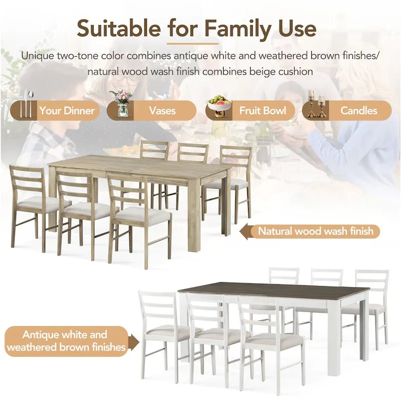 Set di mobili in legno da 7 pezzi, set da cucina con tavolo allungabile con prolunga e 2 cassetti, 6 sedie da pranzo imbottite