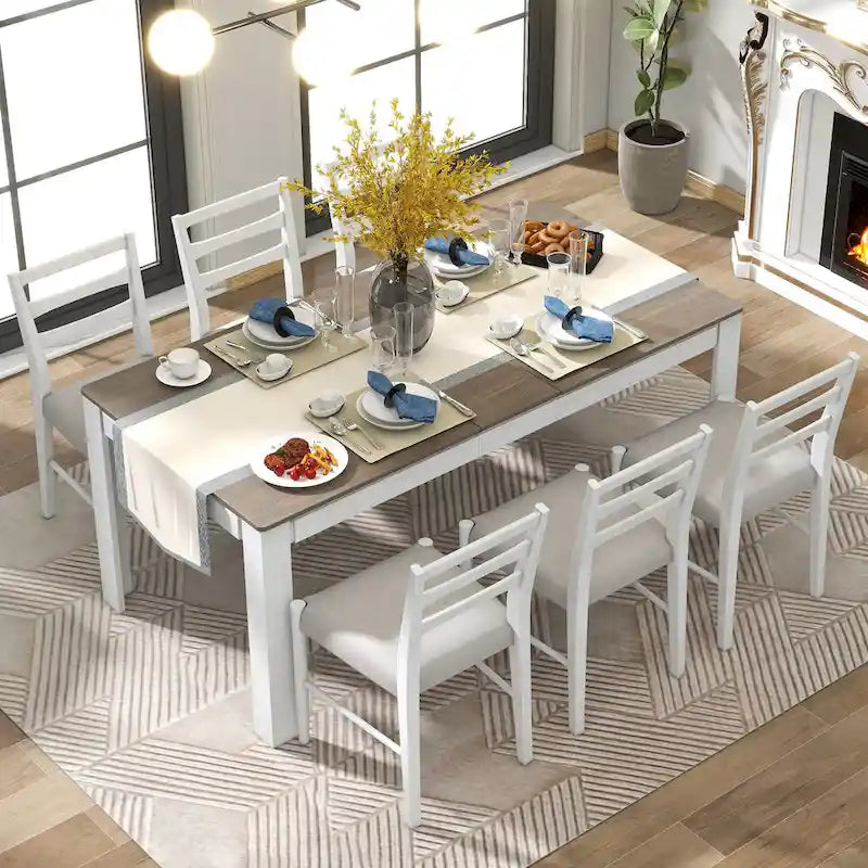 Set di mobili in legno da 7 pezzi, set da cucina con tavolo allungabile con prolunga e 2 cassetti, 6 sedie da pranzo imbottite