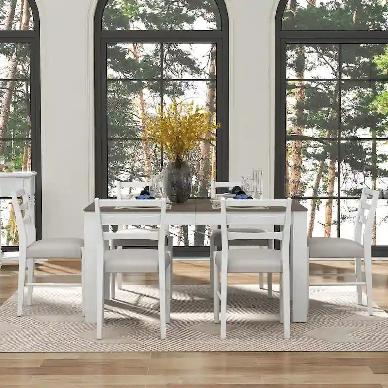 Set di mobili in legno da 7 pezzi, set da cucina con tavolo allungabile con prolunga e 2 cassetti, 6 sedie da pranzo imbottite