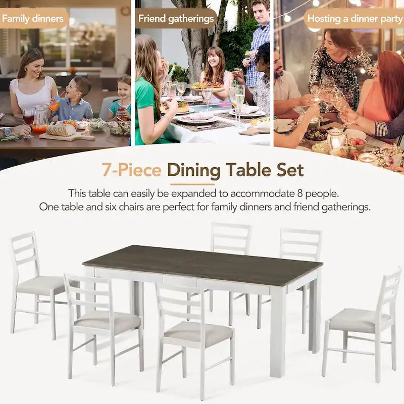 Set di mobili in legno da 7 pezzi, set da cucina con tavolo allungabile con prolunga e 2 cassetti, 6 sedie da pranzo imbottite