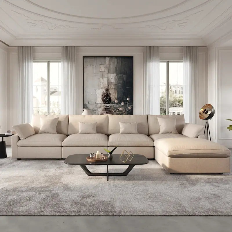Modular Sectional Sofa Cloud Couch with Ottoman, L Shaped Linen Blend Fabric Minimalist Sectional Sofa for Living Room, Khaki