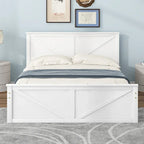 Letto matrimoniale "Queen Size" in legno anticato bianco con base a piattaforma e quattro cassetti contenitore