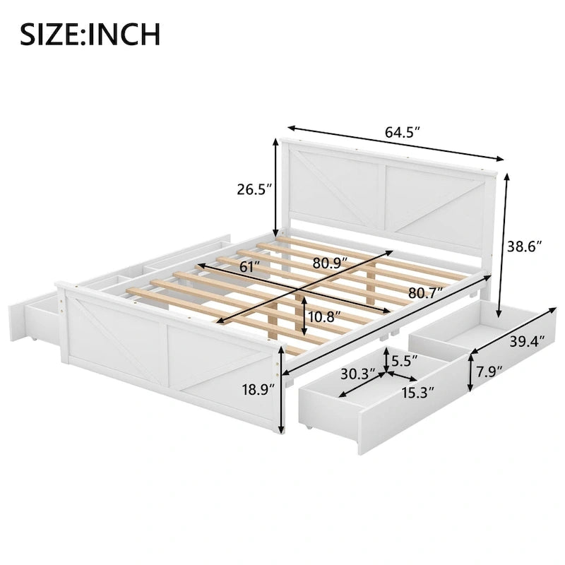 Letto matrimoniale "Queen Size" in legno anticato bianco con base a piattaforma e quattro cassetti contenitore