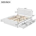 Letto matrimoniale "Queen Size" in legno anticato bianco con base a piattaforma e quattro cassetti contenitore