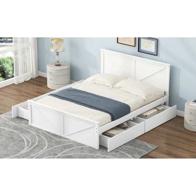 Letto matrimoniale "Queen Size" in legno anticato bianco con base a piattaforma e quattro cassetti contenitore