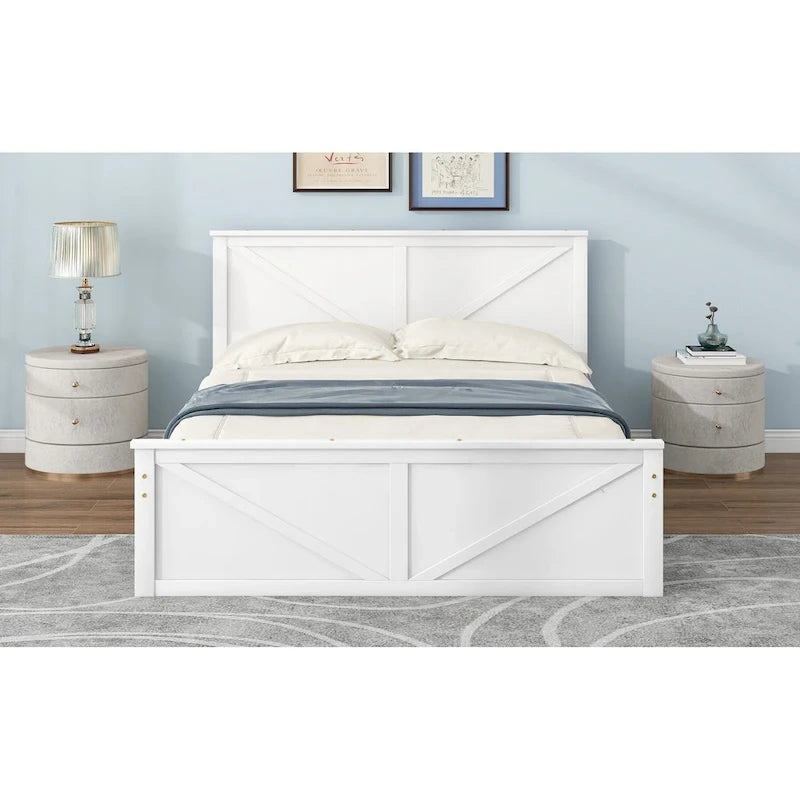 Letto matrimoniale "Queen Size" in legno anticato bianco con base a piattaforma e quattro cassetti contenitore