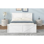 Letto matrimoniale "Queen Size" in legno anticato bianco con base a piattaforma e quattro cassetti contenitore