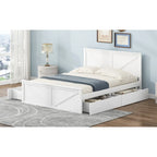 Letto matrimoniale "Queen Size" in legno anticato bianco con base a piattaforma e quattro cassetti contenitore