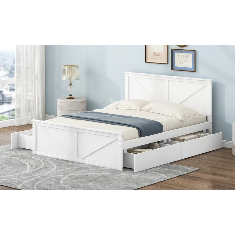 Letto matrimoniale "Queen Size" in legno anticato bianco con base a piattaforma e quattro cassetti contenitore