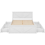 Letto matrimoniale "Queen Size" in legno anticato bianco con base a piattaforma e quattro cassetti contenitore