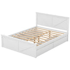 Letto matrimoniale "Queen Size" in legno anticato bianco con base a piattaforma e quattro cassetti contenitore