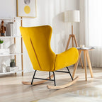 Poltrona a dondolo moderna Yellow 33.1 con schienale alto, rivestita in tessuto, con gambe in legno di gomma e struttura in metallo