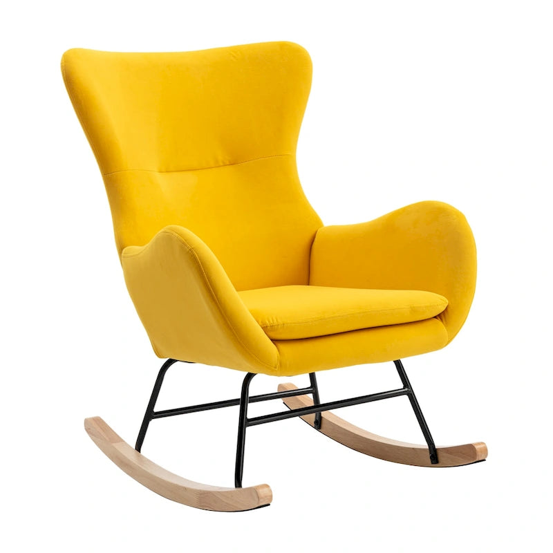 Poltrona a dondolo moderna Yellow 33.1 con schienale alto, rivestita in tessuto, con gambe in legno di gomma e struttura in metallo