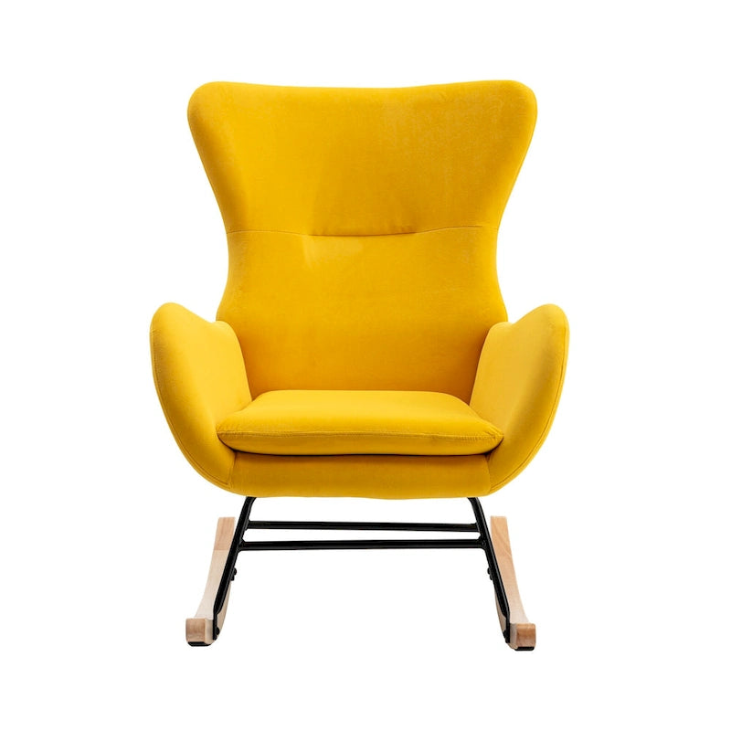 Poltrona a dondolo moderna Yellow 33.1 con schienale alto, rivestita in tessuto, con gambe in legno di gomma e struttura in metallo