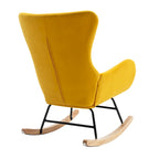 Poltrona a dondolo moderna Yellow 33.1 con schienale alto, rivestita in tessuto, con gambe in legno di gomma e struttura in metallo