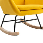 Poltrona a dondolo moderna Yellow 33.1 con schienale alto, rivestita in tessuto, con gambe in legno di gomma e struttura in metallo
