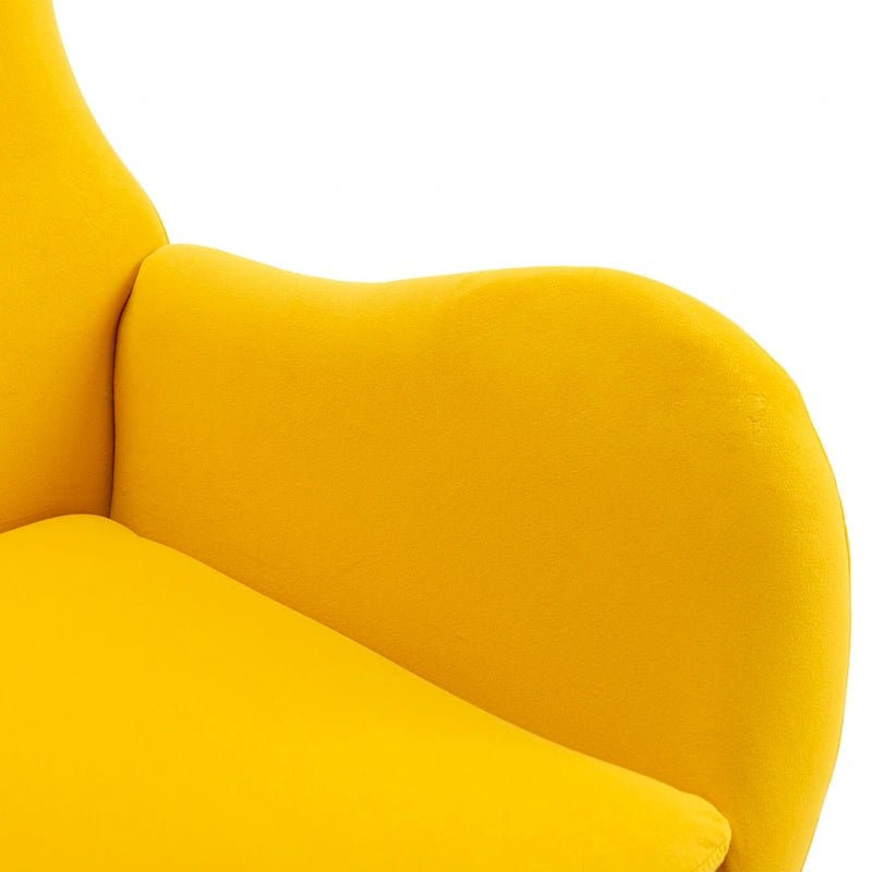 Poltrona a dondolo moderna Yellow 33.1 con schienale alto, rivestita in tessuto, con gambe in legno di gomma e struttura in metallo