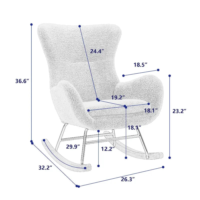 Poltrona a dondolo moderna Yellow 33.1 con schienale alto, rivestita in tessuto, con gambe in legno di gomma e struttura in metallo