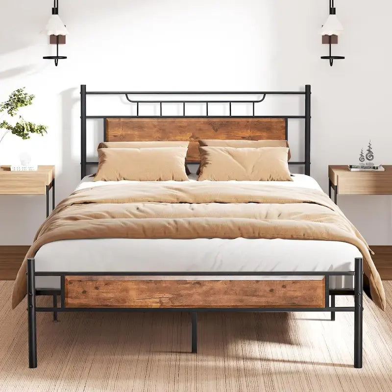 Struttura letto industriale con testiera in legno, misura singola/matrimoniale/queen, nero/marrone/ardesia - 3 colori