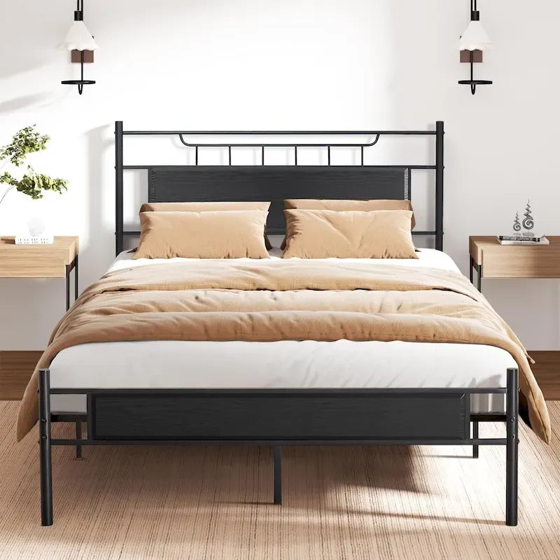 Struttura letto industriale con testiera in legno, misura singola/matrimoniale/queen, nero/marrone/ardesia - 3 colori