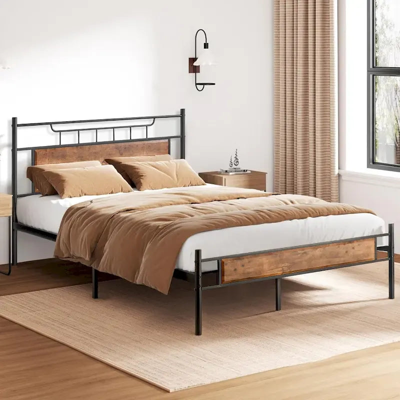 Struttura letto industriale con testiera in legno, misura singola/matrimoniale/queen, nero/marrone/ardesia - 3 colori