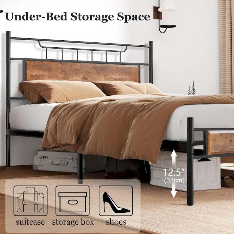 Struttura letto industriale con testiera in legno, misura singola/matrimoniale/queen, nero/marrone/ardesia - 3 colori
