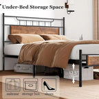 Struttura letto industriale con testiera in legno, misura singola/matrimoniale/queen, nero/marrone/ardesia - 3 colori