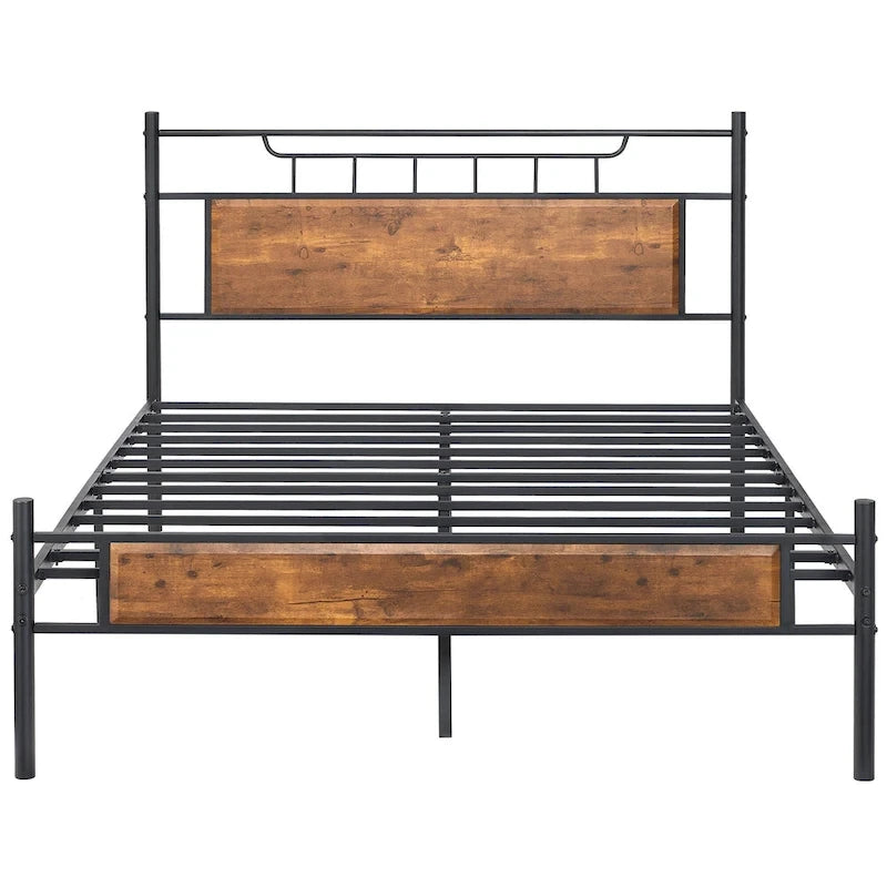 Struttura letto industriale con testiera in legno, misura singola/matrimoniale/queen, nero/marrone/ardesia - 3 colori