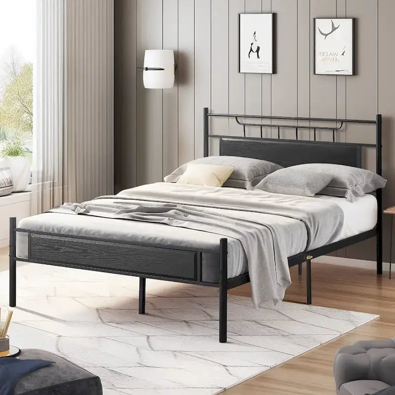 Struttura letto industriale con testiera in legno, misura singola/matrimoniale/queen, nero/marrone/ardesia - 3 colori