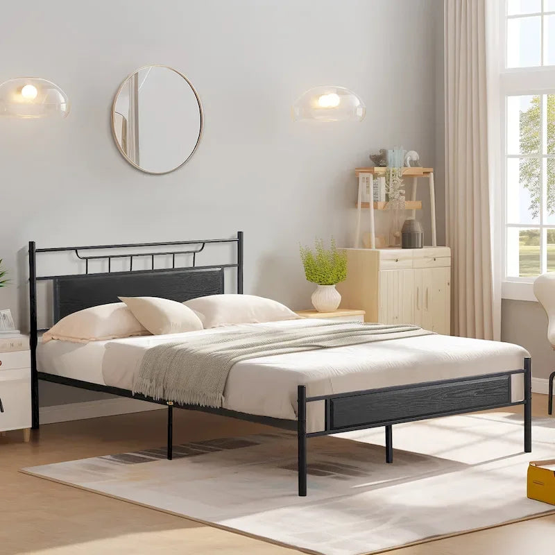 Struttura letto industriale con testiera in legno, misura singola/matrimoniale/queen, nero/marrone/ardesia - 3 colori