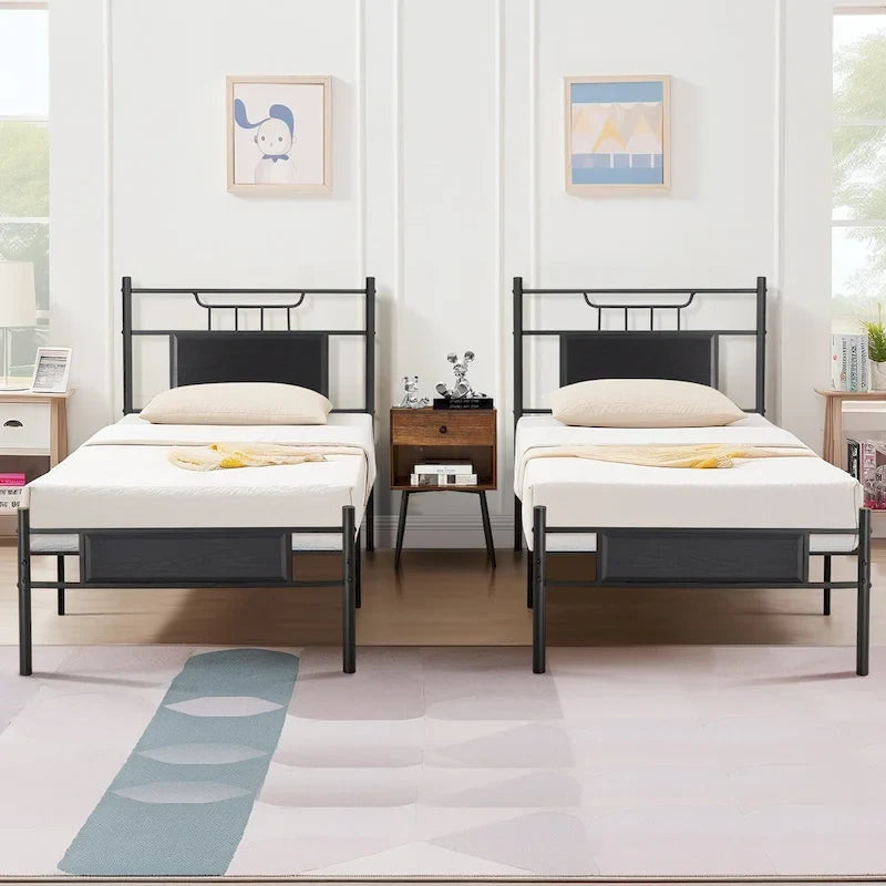Struttura letto industriale con testiera in legno, misura singola/matrimoniale/queen, nero/marrone/ardesia - 3 colori