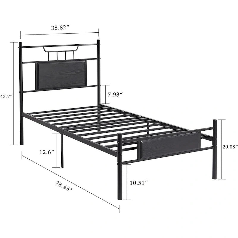 Struttura letto industriale con testiera in legno, misura singola/matrimoniale/queen, nero/marrone/ardesia - 3 colori