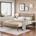 Struttura letto industriale con testiera in legno, misura singola/matrimoniale/queen, nero/marrone/ardesia - 3 colori