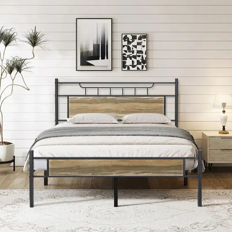 Struttura letto industriale con testiera in legno, misura singola/matrimoniale/queen, nero/marrone/ardesia - 3 colori
