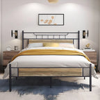 Struttura letto industriale con testiera in legno, misura singola/matrimoniale/queen, nero/marrone/ardesia - 3 colori