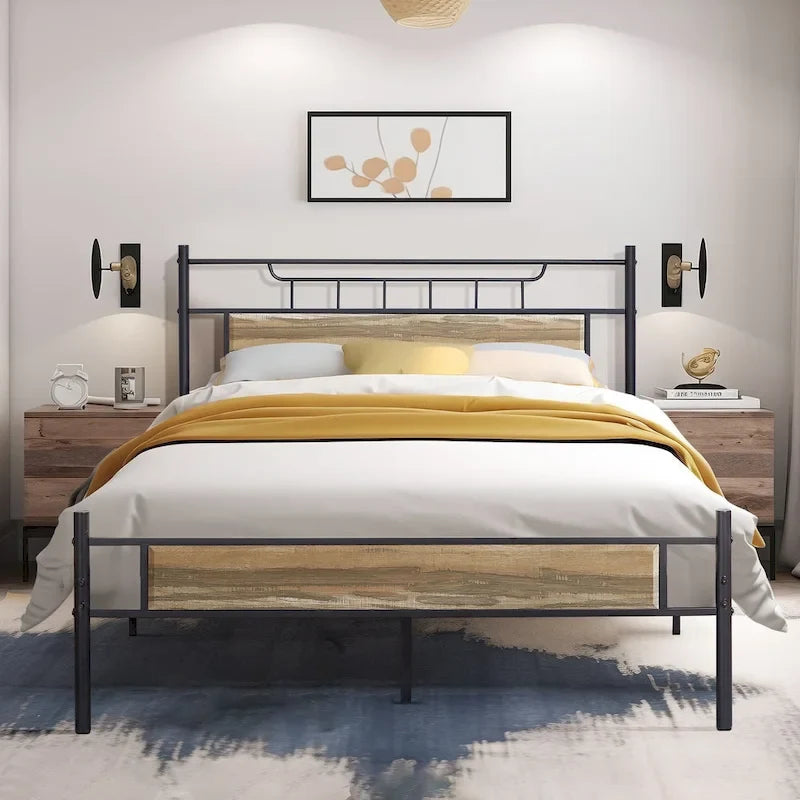 Struttura letto industriale con testiera in legno, misura singola/matrimoniale/queen, nero/marrone/ardesia - 3 colori