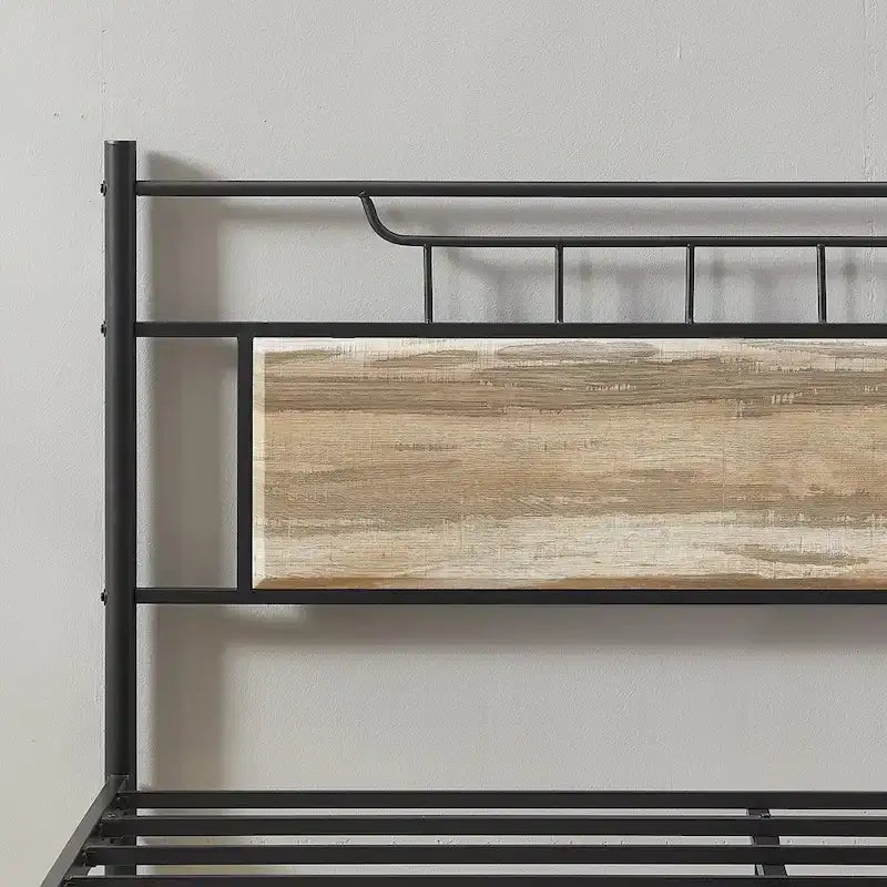 Struttura letto industriale con testiera in legno, misura singola/matrimoniale/queen, nero/marrone/ardesia - 3 colori