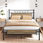Struttura letto industriale con testiera in legno, misura singola/matrimoniale/queen, nero/marrone/ardesia - 3 colori
