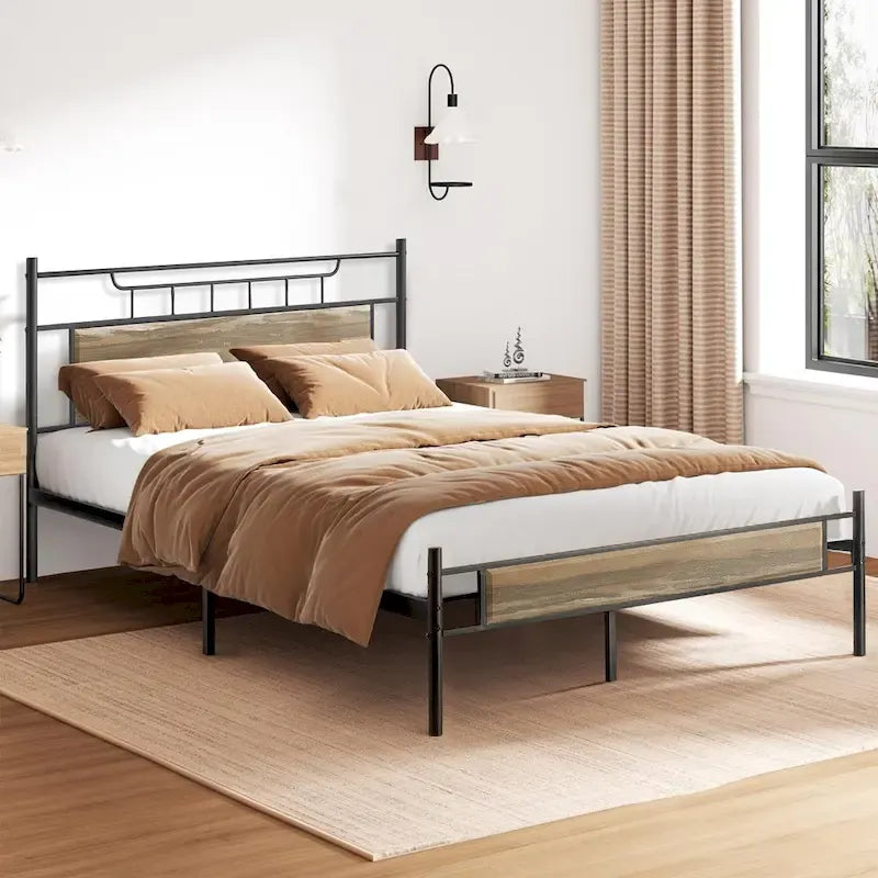 Struttura letto industriale con testiera in legno, misura singola/matrimoniale/queen, nero/marrone/ardesia - 3 colori