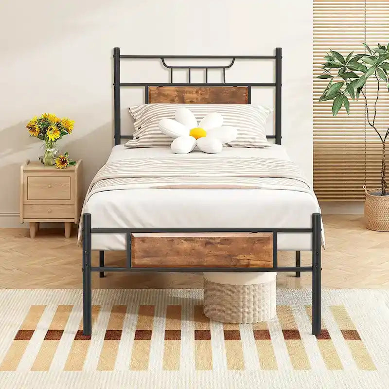 Struttura letto industriale con testiera in legno, misura singola/matrimoniale/queen, nero/marrone/ardesia - 3 colori