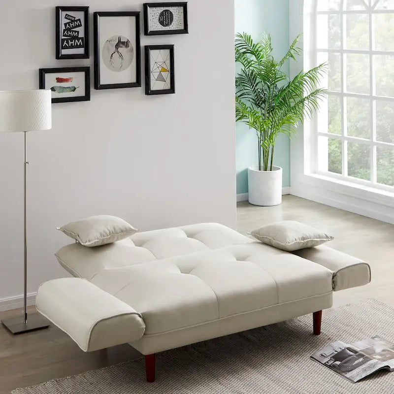 Divano letto multifunzionale con 2 cuscini in tessuto beige