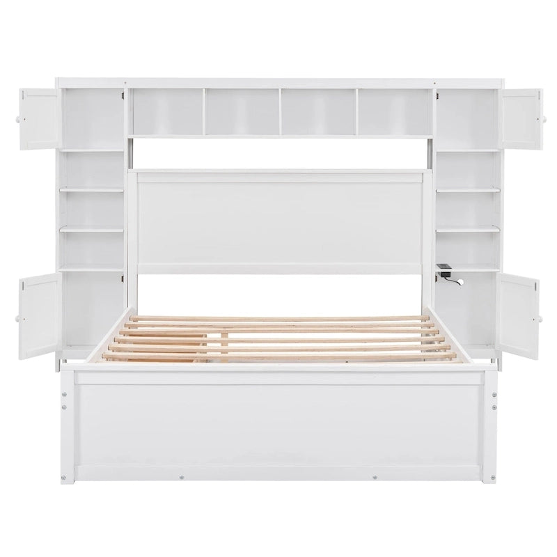 Letto matrimoniale in legno con armadio, mensola e prese integrate, color espresso