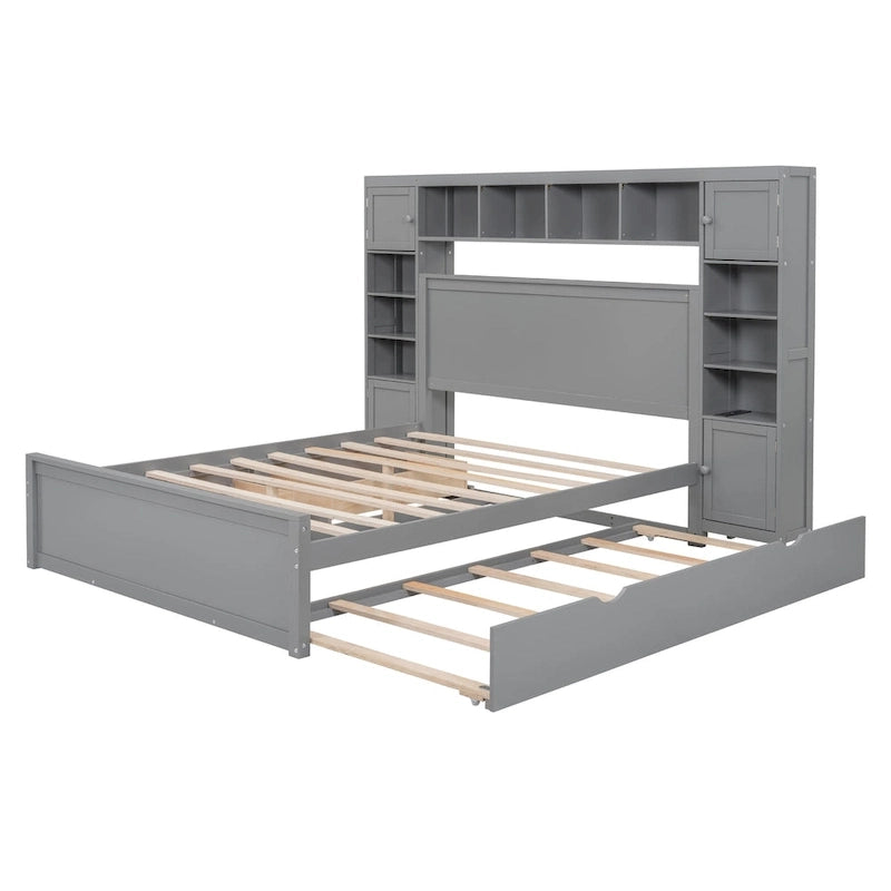 Letto matrimoniale in legno con armadio, mensola e prese integrate, color espresso