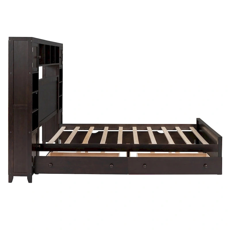 Letto matrimoniale in legno con armadio, mensola e prese integrate, color espresso
