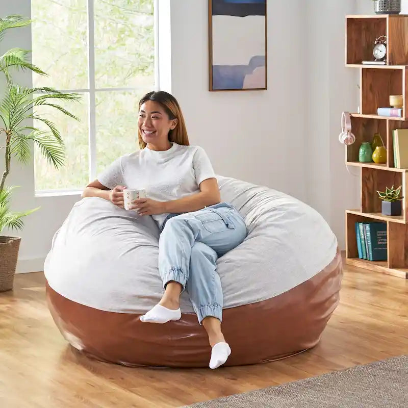 Modern Pouf a sacco in tessuto bicolore e similpelle da 150 cm