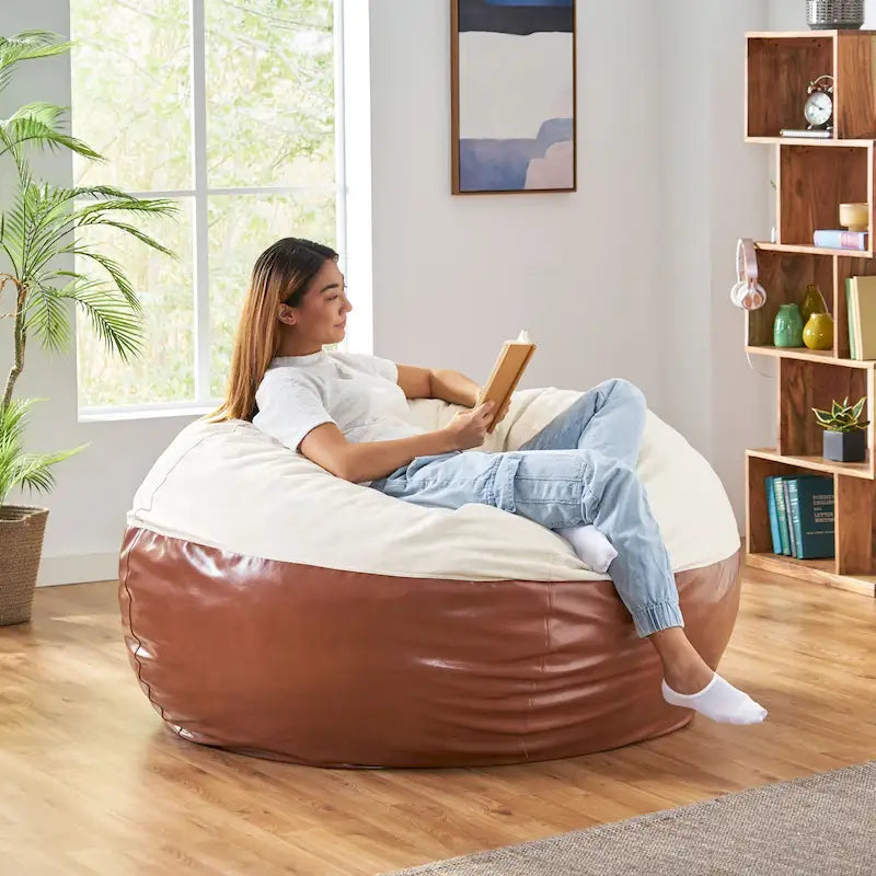 Modern Pouf a sacco in tessuto bicolore e similpelle da 150 cm